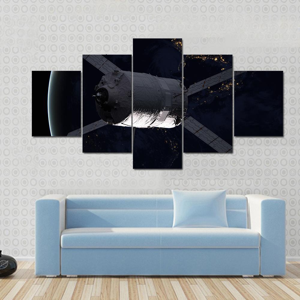 Spacecraft Over The Planet Earth Canvas Wall Art-5 Star-Gallery Wrap-62" x 32"-Tiaracle