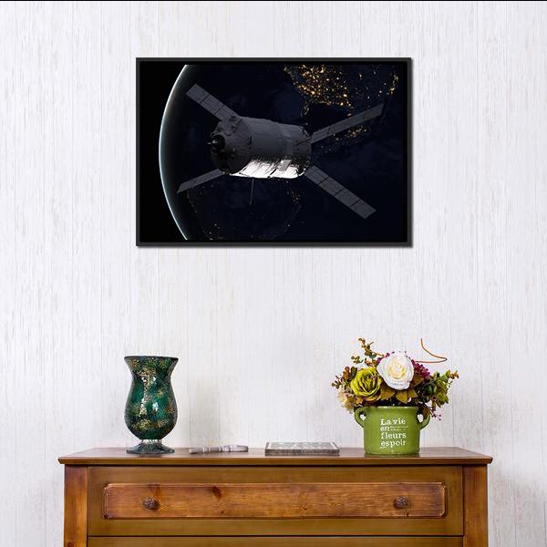 Spacecraft Over The Planet Earth Canvas Wall Art-1 Piece-Floating Frame-24" x 16"-Tiaracle