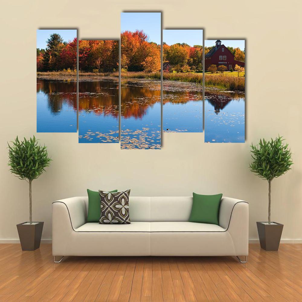 Autumn Colors Reflected In Pond Canvas Wall Art-5 Pop-Gallery Wrap-47" x 32"-Tiaracle