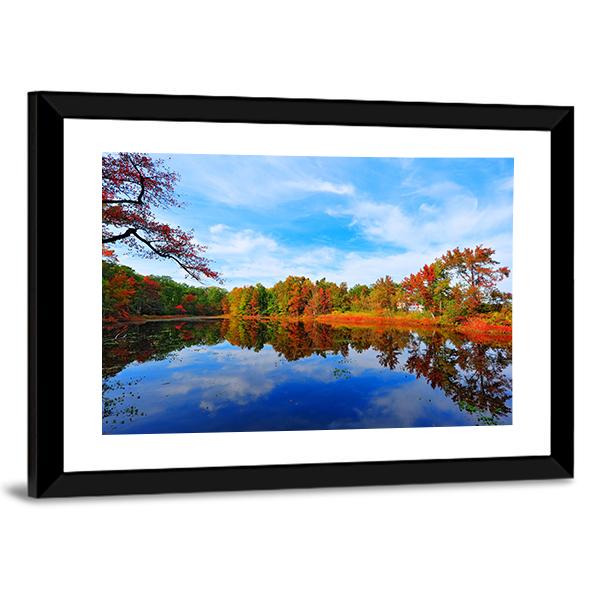 Autumn Colors Reflecting In Pond Canvas Wall Art-3 Horizontal-Gallery Wrap-25" x 16"-Tiaracle
