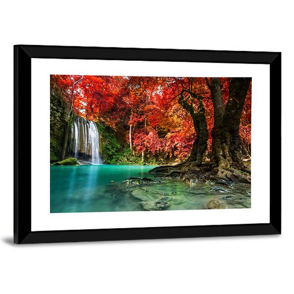 Autumn Erawan Waterfall Panoramic Canvas Wall Art-1 Piece-36" x 12"-Tiaracle