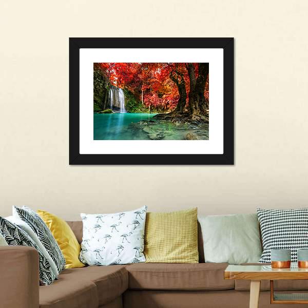 Autumn Erawan Waterfall Panoramic Canvas Wall Art-1 Piece-36" x 12"-Tiaracle