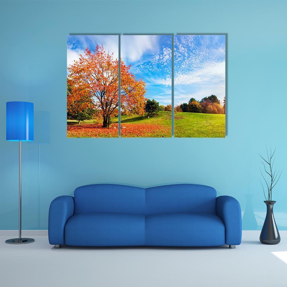 Autumn Fall Landscape With A Tree Canvas Wall Art-3 Horizontal-Gallery Wrap-37" x 24"-Tiaracle