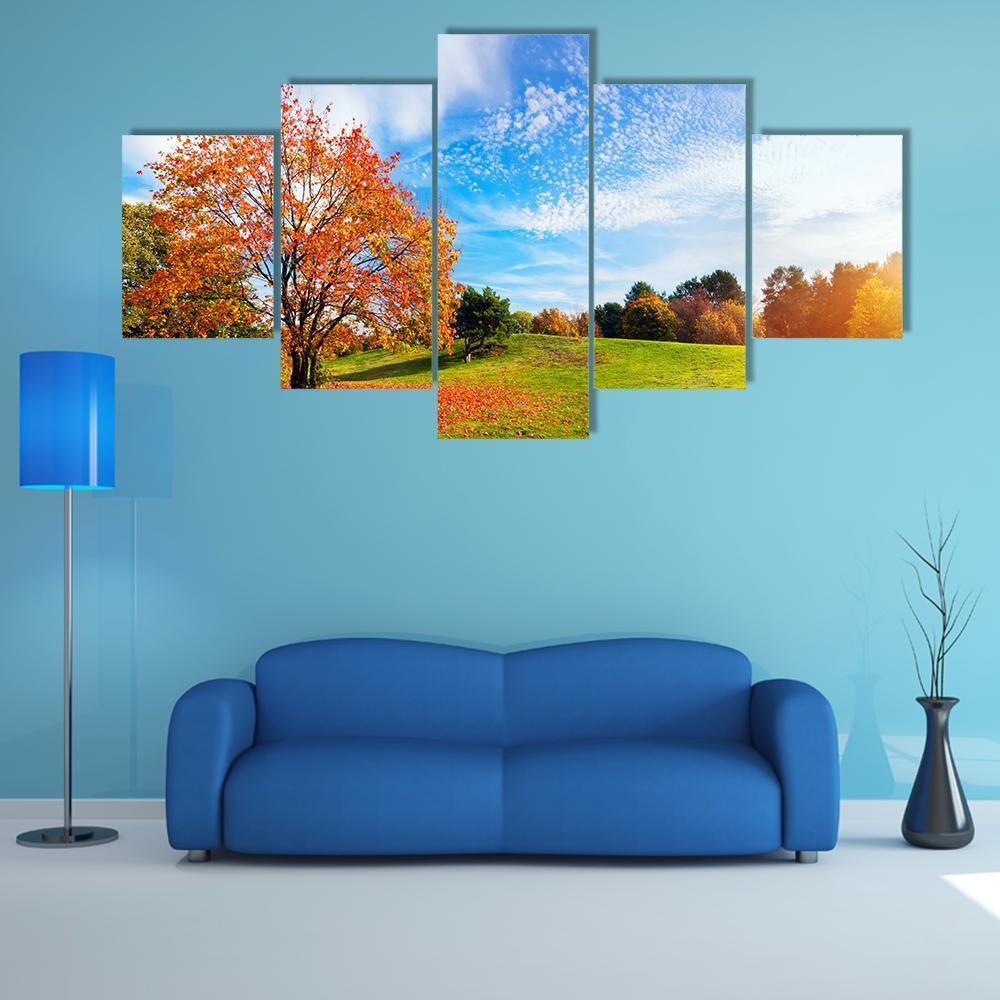 Autumn Fall Landscape With A Tree Canvas Wall Art-5 Star-Gallery Wrap-62" x 32"-Tiaracle
