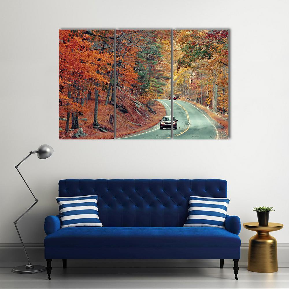 Cars On Autumn Road Canvas Wall Art-3 Horizontal-Gallery Wrap-37" x 24"-Tiaracle