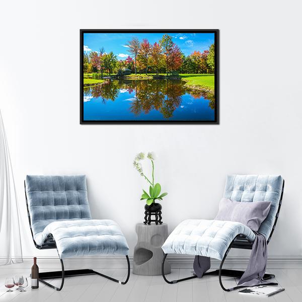 Autumn Foliage Reflection On Lake Canvas Wall Art-3 Horizontal-Gallery Wrap-25" x 16"-Tiaracle