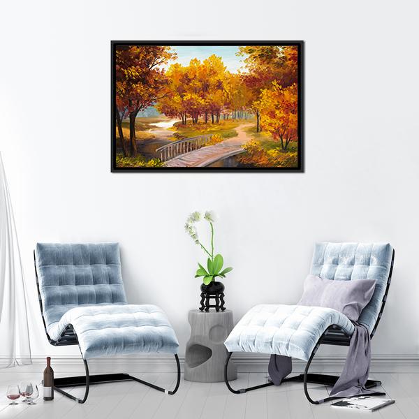 Autumn Forest & Bridge Canvas Wall Art-5 Horizontal-Gallery Wrap-22" x 12"-Tiaracle