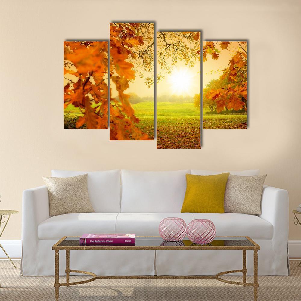 Autumn Forest & Sun Canvas Wall Art-4 Pop-Gallery Wrap-50" x 32"-Tiaracle