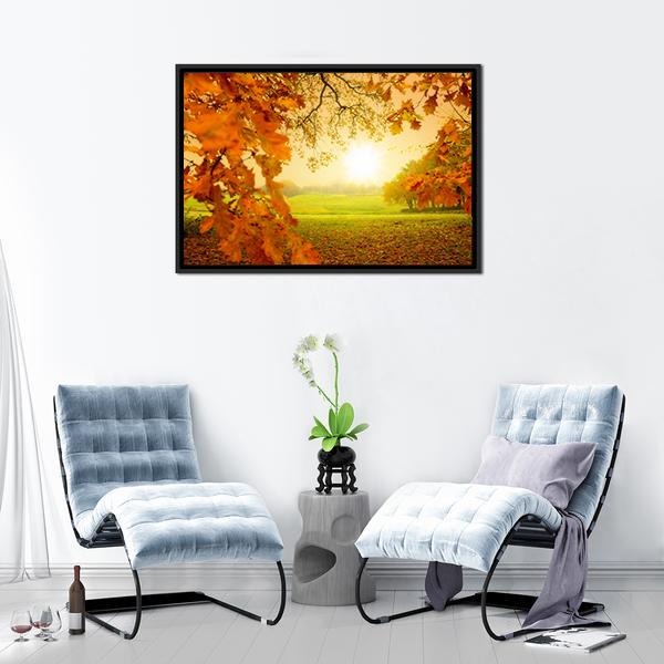 Autumn Forest & Sun Canvas Wall Art-3 Horizontal-Gallery Wrap-25" x 16"-Tiaracle