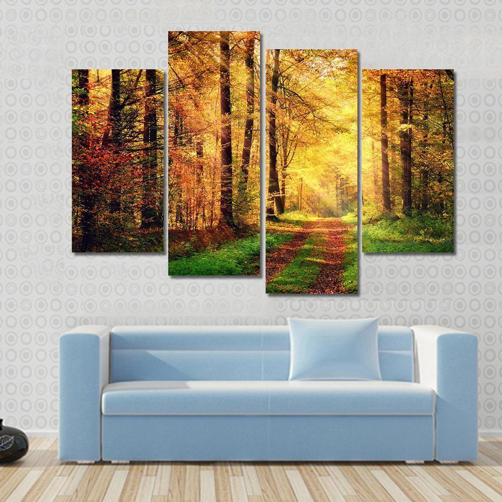 Autumn Forest Pathway Canvas Wall Art-4 Pop-Gallery Wrap-50" x 32"-Tiaracle