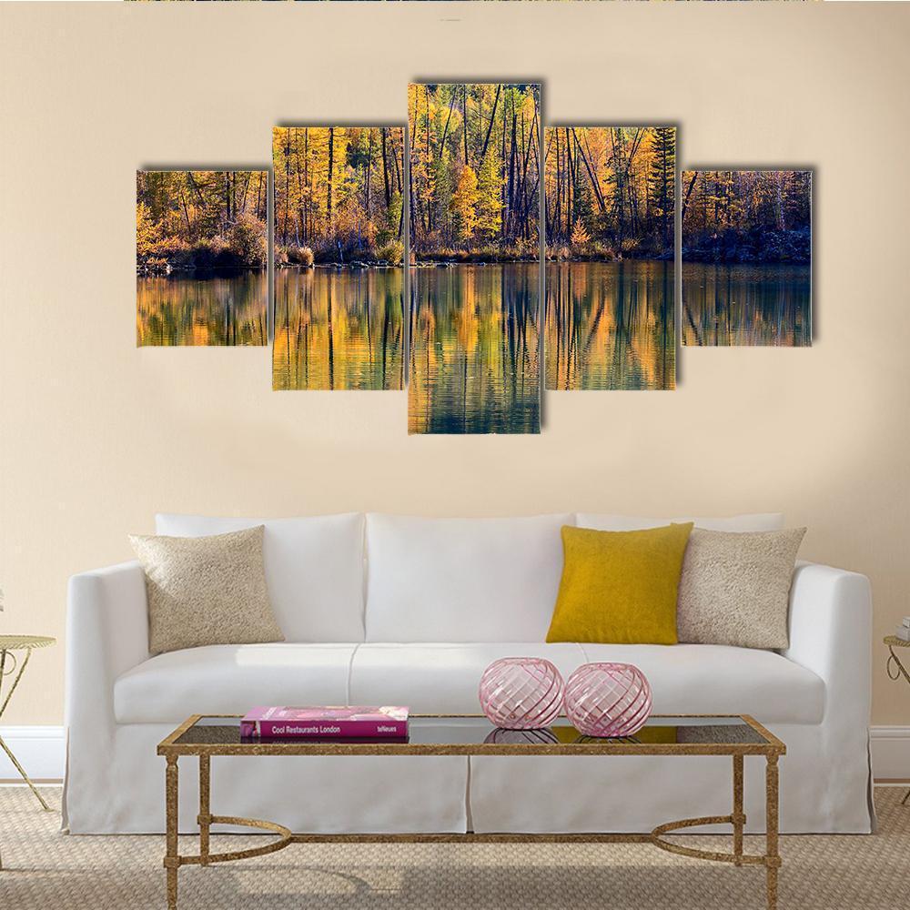 Autumn Forest Reflected In Lake Canvas Wall Art-5 Star-Gallery Wrap-62" x 32"-Tiaracle