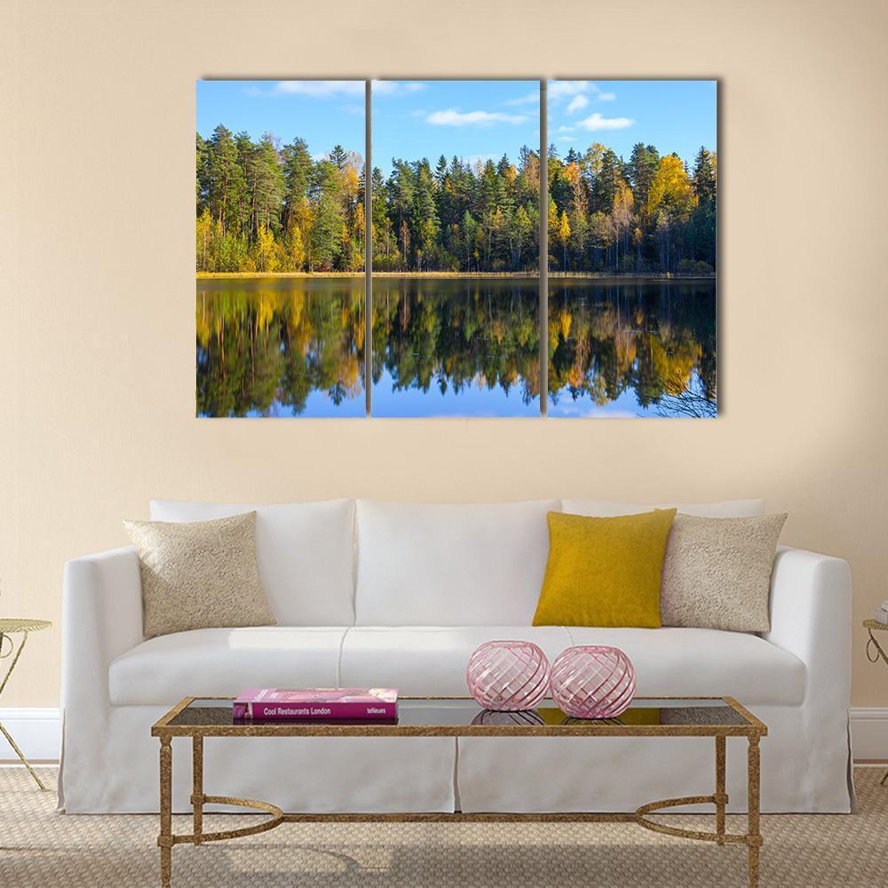 Autumn Forest Reflection In Pond Canvas Wall Art-3 Horizontal-Gallery Wrap-37" x 24"-Tiaracle