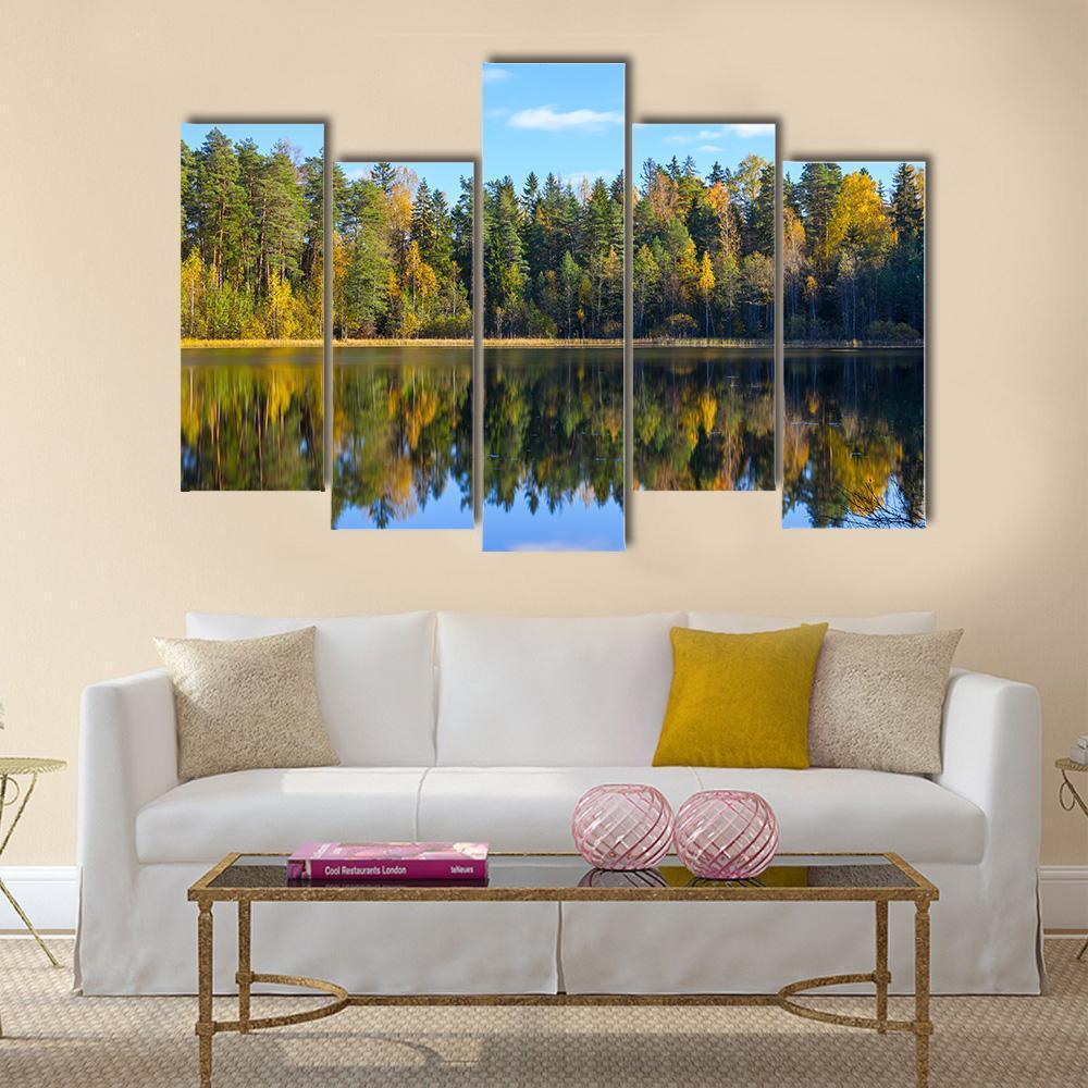 Autumn Forest Reflection In Pond Canvas Wall Art-5 Pop-Gallery Wrap-47" x 32"-Tiaracle