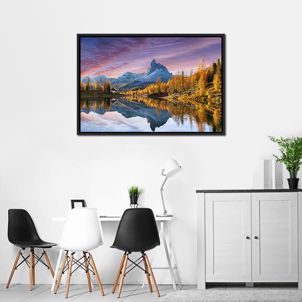 Autumn Lake Federa In Dolomites Canvas Wall Art-1 Piece-Floating Frame-24" x 16"-Tiaracle