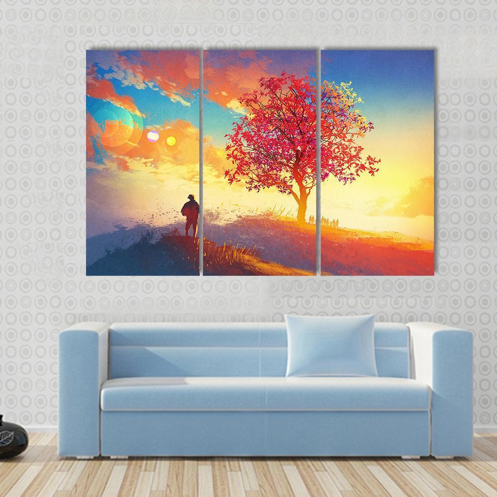 Autumn Landscape With Alone Tree Canvas Wall Art-3 Horizontal-Gallery Wrap-37" x 24"-Tiaracle