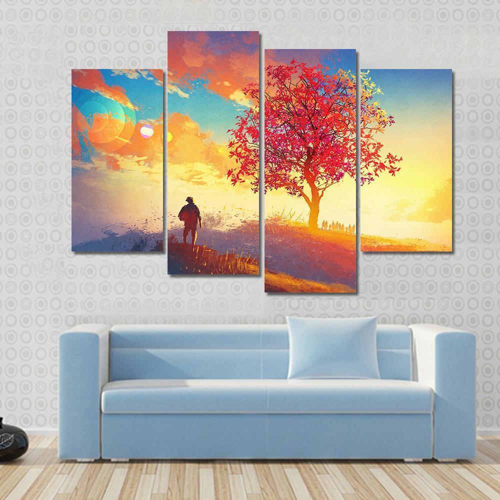 Autumn Landscape With Alone Tree Canvas Wall Art-4 Pop-Gallery Wrap-50" x 32"-Tiaracle