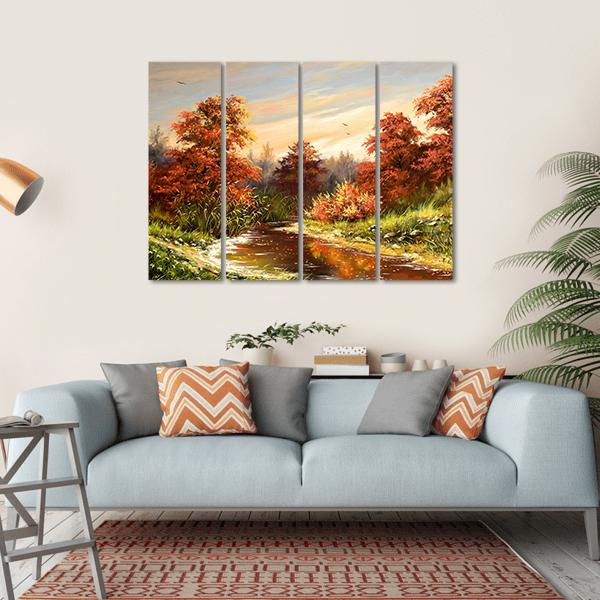 Autumn Landscape With River Canvas Wall Art-4 Horizontal-Gallery Wrap-34" x 24"-Tiaracle