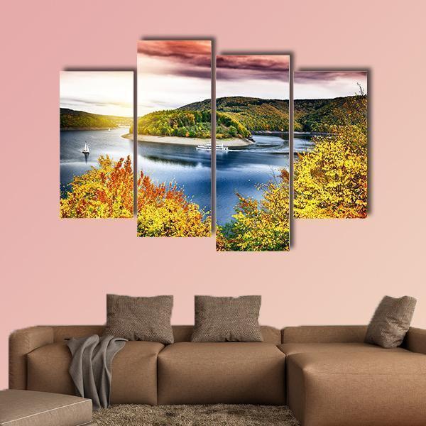 Autumn Landscape With Sunset Canvas Wall Art-4 Pop-Gallery Wrap-50" x 32"-Tiaracle
