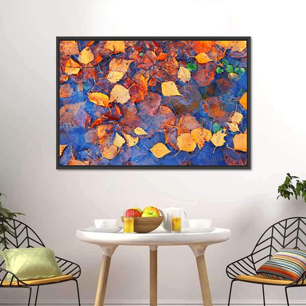 Autumn Leaves In Pond Canvas Wall Art-1 Piece-Floating Frame-24" x 16"-Tiaracle