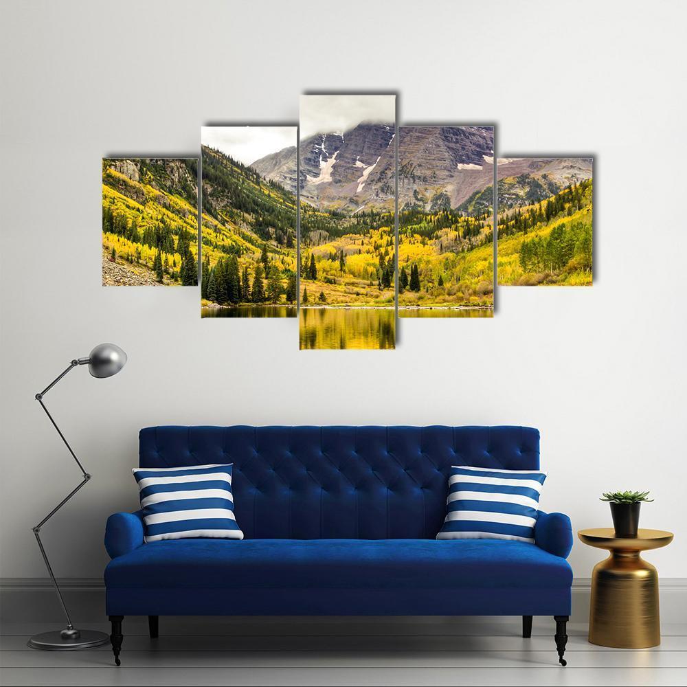 Autumn Mountain Lake Canvas Wall Art-5 Star-Gallery Wrap-62" x 32"-Tiaracle