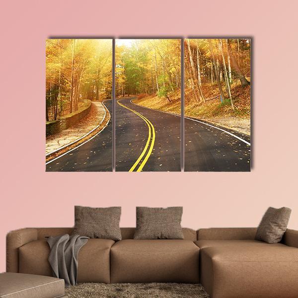 Autumn Scene With Road Canvas Wall Art-3 Horizontal-Gallery Wrap-37" x 24"-Tiaracle