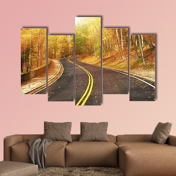 Autumn Scene With Road Canvas Wall Art-5 Pop-Gallery Wrap-47" x 32"-Tiaracle