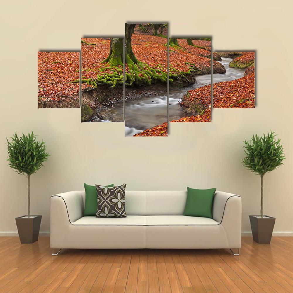 Autumn Season In Forest Canvas Wall Art-5 Star-Gallery Wrap-62" x 32"-Tiaracle