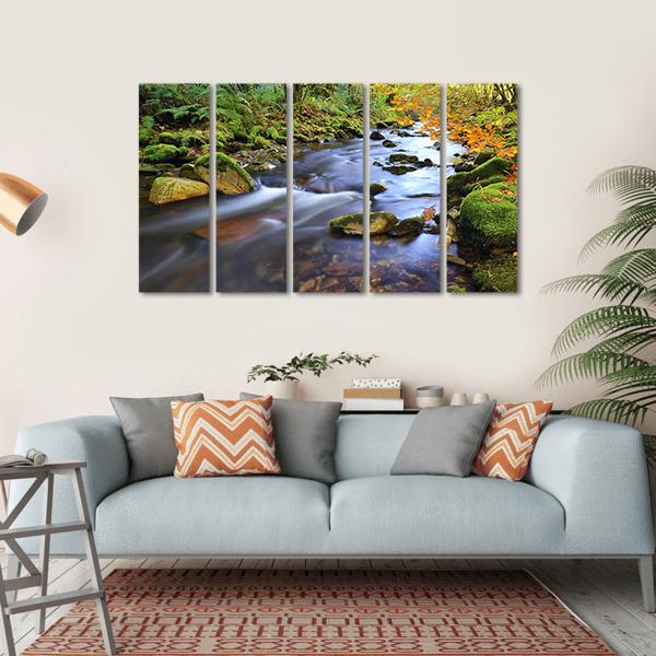 Autumn Stream Flowing In The Woods Canvas Wall Art-5 Horizontal-Gallery Wrap-22" x 12"-Tiaracle