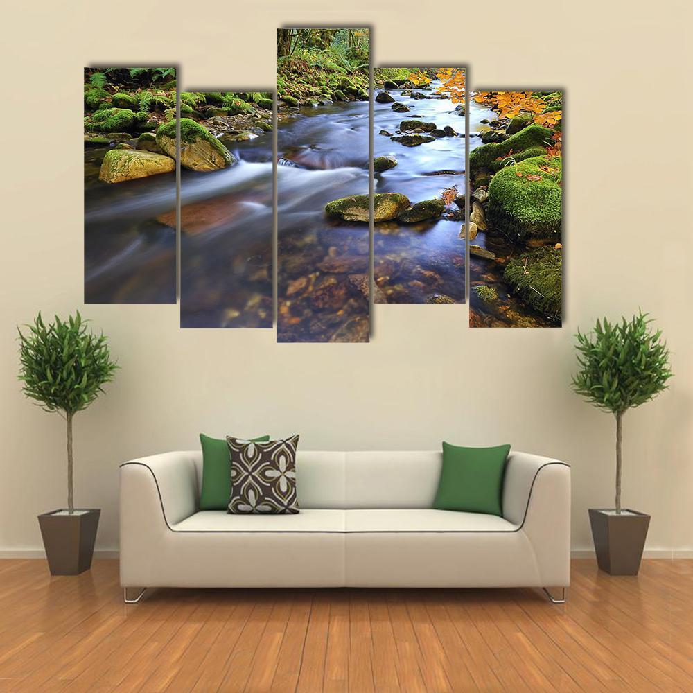 Autumn Stream Flowing In The Woods Canvas Wall Art-5 Pop-Gallery Wrap-47" x 32"-Tiaracle