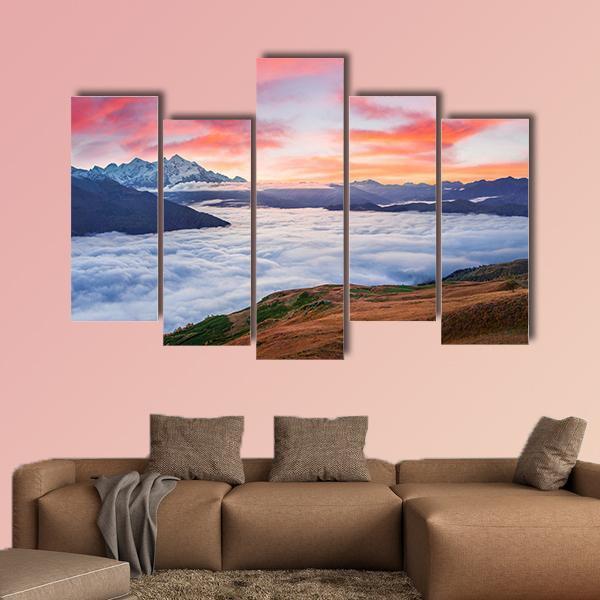Sunrise At Mt Tetnuld Canvas Wall Art-5 Pop-Gallery Wrap-47" x 32"-Tiaracle