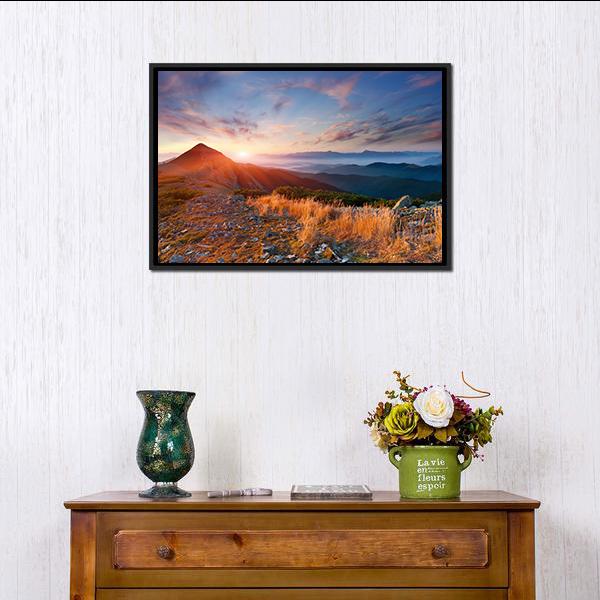 Autumn Sunrise Over Mountains Canvas Wall Art-1 Piece-Floating Frame-24" x 16"-Tiaracle