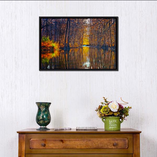 Autumn Trees Along River Canvas Wall Art-1 Piece-Floating Frame-24" x 16"-Tiaracle