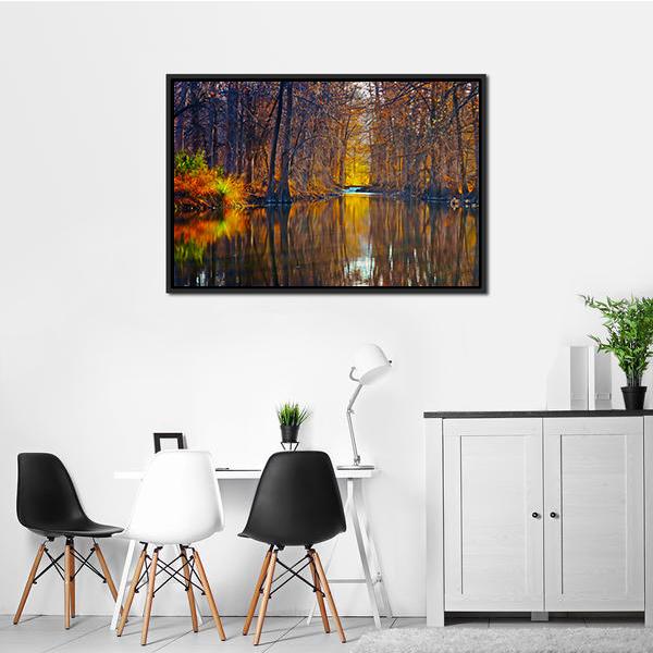 Autumn Trees Along River Canvas Wall Art-3 Horizontal-Gallery Wrap-25" x 16"-Tiaracle