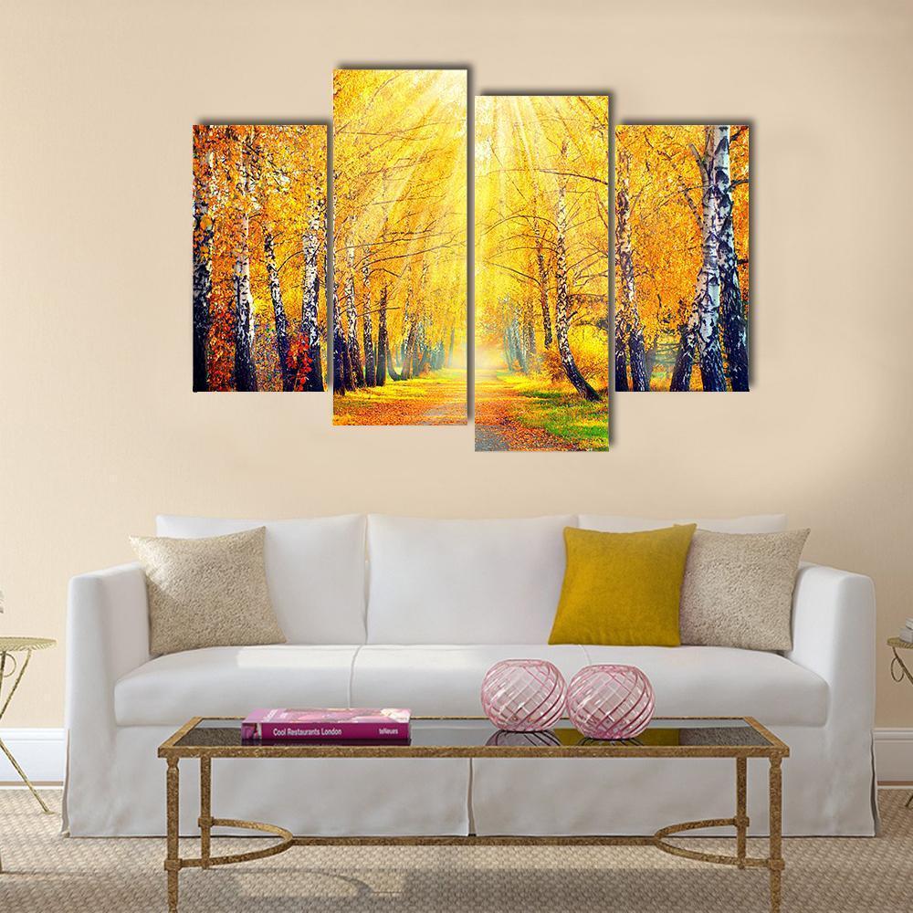 Autumn Trees In Sun Rays Canvas Wall Art-4 Pop-Gallery Wrap-50" x 32"-Tiaracle