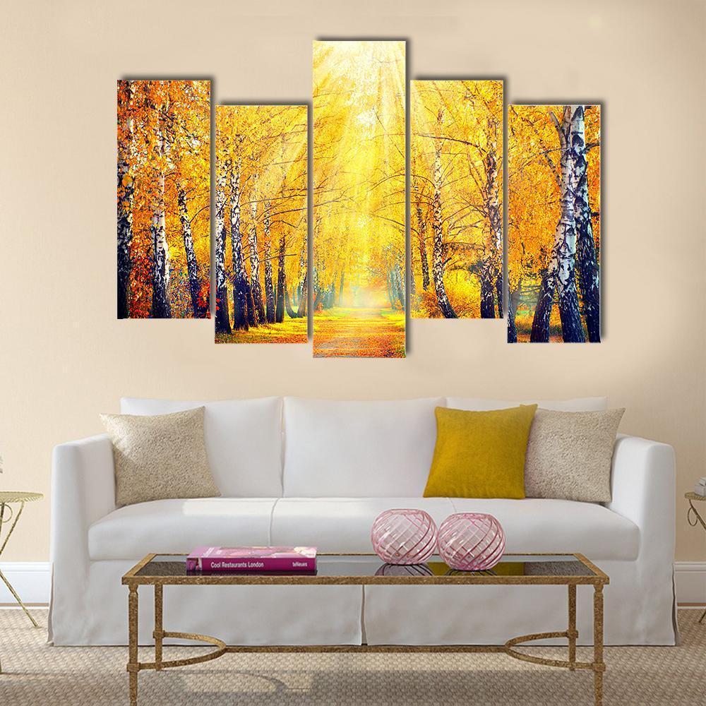 Autumn Trees In Sun Rays Canvas Wall Art-5 Pop-Gallery Wrap-47" x 32"-Tiaracle