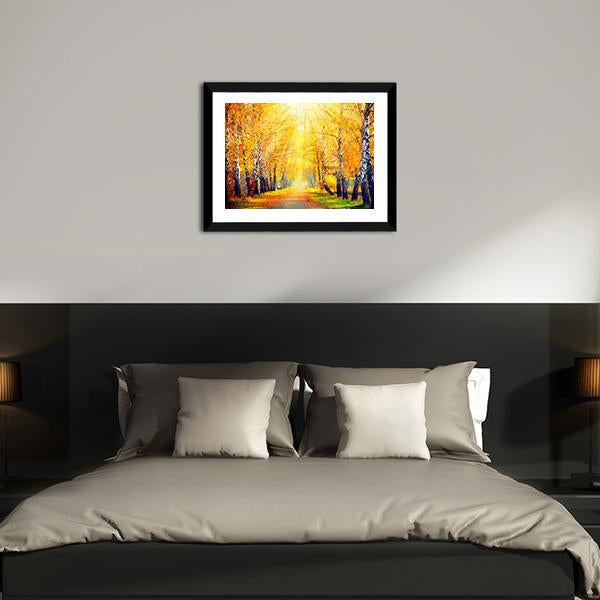 Autumn Trees In Sun Rays Canvas Wall Art-3 Horizontal-Gallery Wrap-25" x 16"-Tiaracle