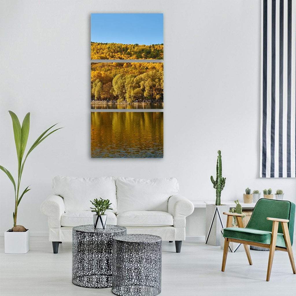 Autumn Trees At Lake Vertical Canvas Wall Art-3 Vertical-Gallery Wrap-12" x 25"-Tiaracle