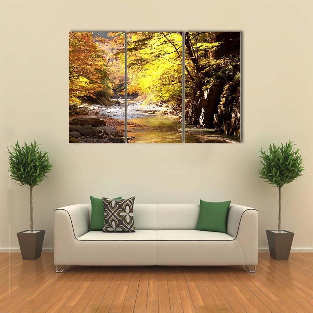 Autumnal Leaves & Stream Canvas Wall Art-3 Horizontal-Gallery Wrap-37" x 24"-Tiaracle