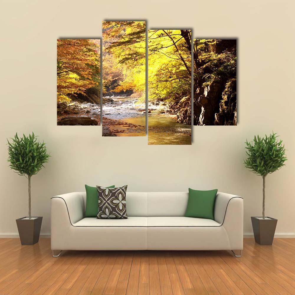 Autumnal Leaves & Stream Canvas Wall Art-4 Pop-Gallery Wrap-50" x 32"-Tiaracle