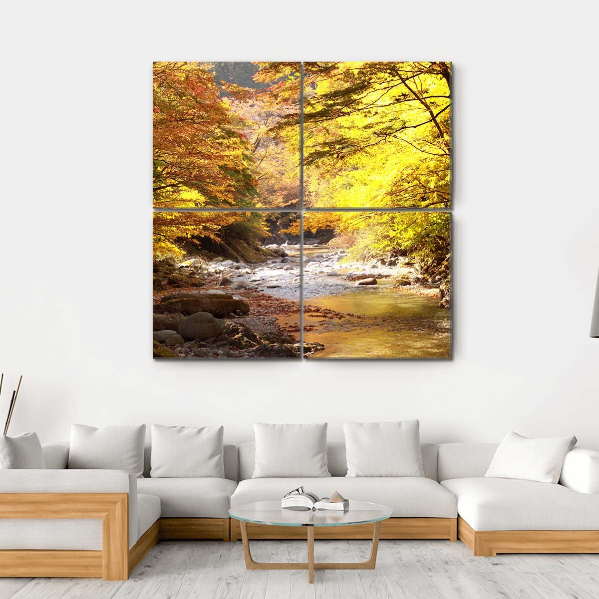 Autumnal Leaves & Stream Canvas Wall Art-4 Square-Gallery Wrap-17" x 17"-Tiaracle