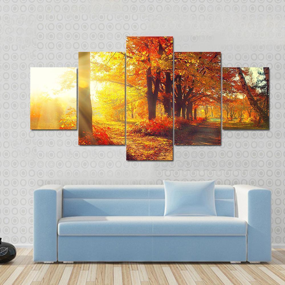 Sun Rays In Autumn Park Canvas Wall Art-5 Star-Gallery Wrap-62" x 32"-Tiaracle