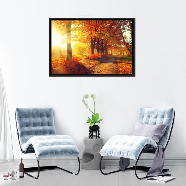Sun Rays In Autumn Park Canvas Wall Art-3 Horizontal-Gallery Wrap-25" x 16"-Tiaracle