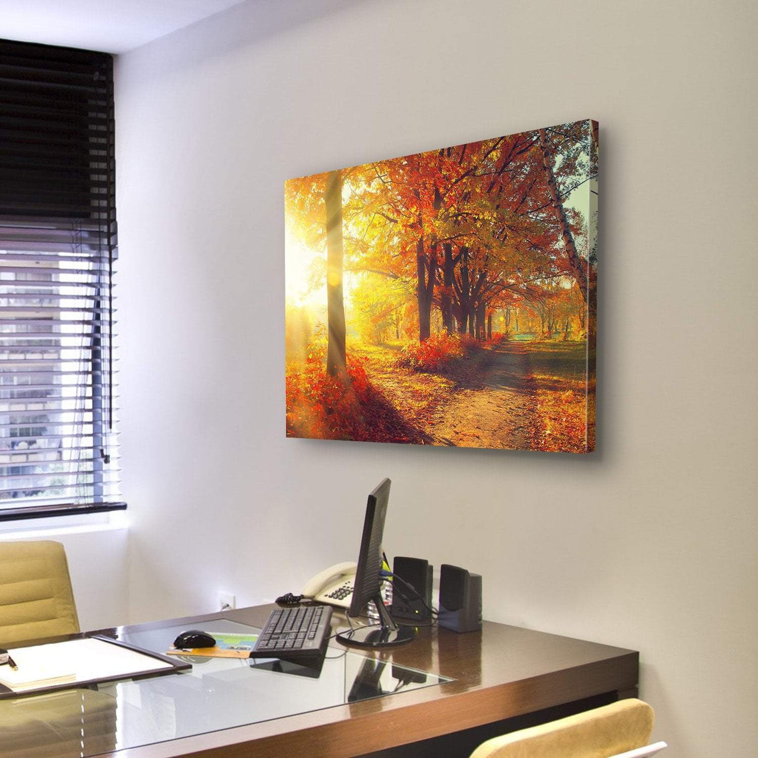 Sun Rays In Autumn Park Canvas Wall Art-3 Horizontal-Gallery Wrap-25" x 16"-Tiaracle