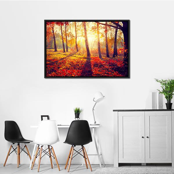 Autumnal Trees In Sun Rays Canvas Wall Art-1 Piece-Floating Frame-24" x 16"-Tiaracle