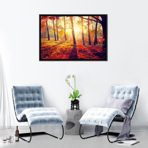 Autumnal Trees In Sun Rays Canvas Wall Art-5 Horizontal-Gallery Wrap-22" x 12"-Tiaracle
