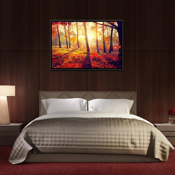 Autumnal Trees In Sun Rays Canvas Wall Art-3 Horizontal-Gallery Wrap-25" x 16"-Tiaracle