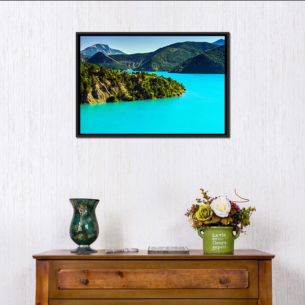 Azure Water Of Lac De La Castillon France Canvas Wall Art-1 Piece-Floating Frame-36" x 24"-Tiaracle