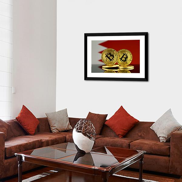 Bahrain Flag With Bitcoin Canvas Wall Art-3 Horizontal-Gallery Wrap-25" x 16"-Tiaracle