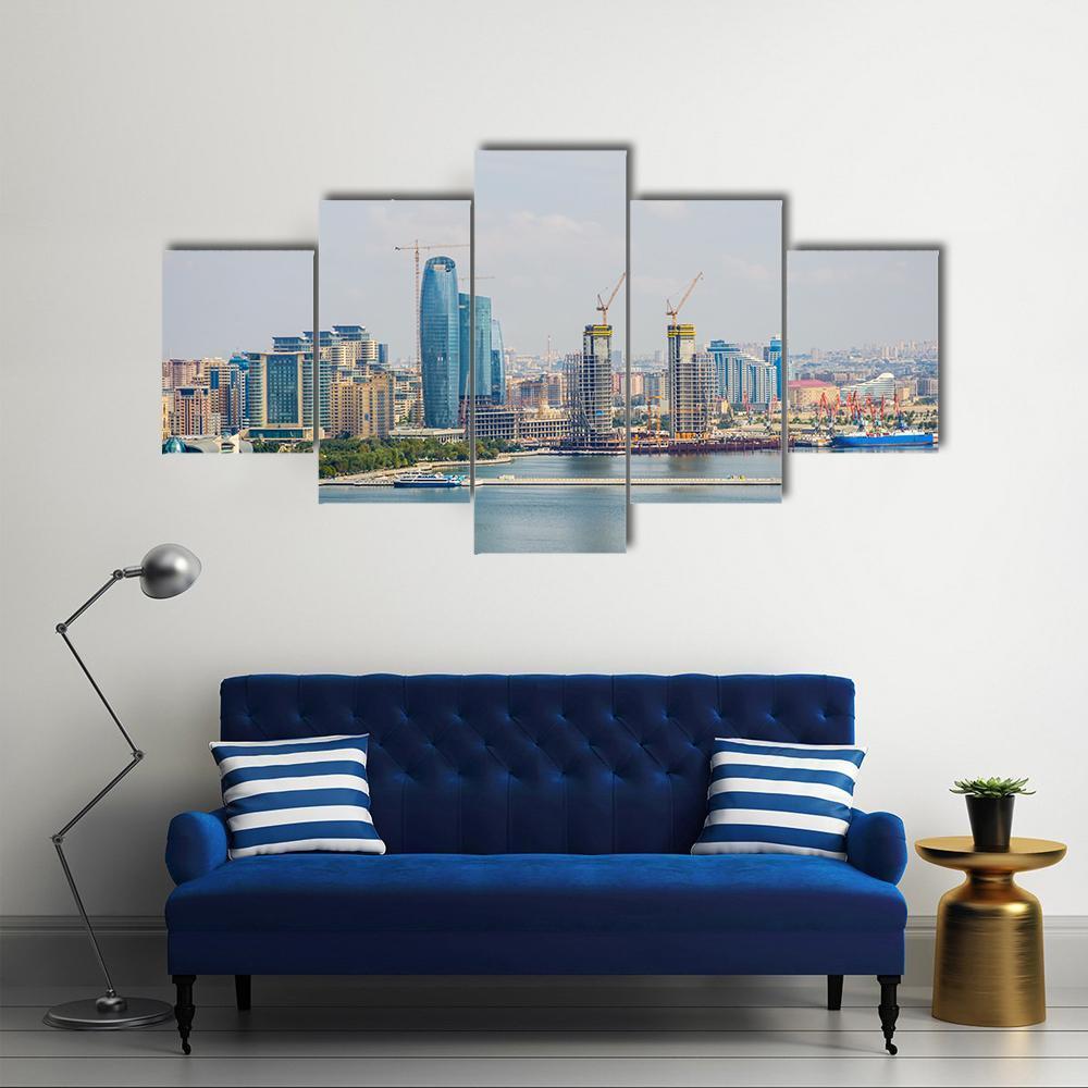Baku Skyline With Caspian Sea Canvas Wall Art-5 Star-Gallery Wrap-62" x 32"-Tiaracle