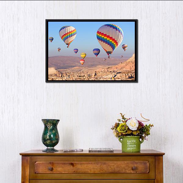 Balloons Flying At Cappadocia Canvas Wall Art-1 Piece-Floating Frame-24" x 16"-Tiaracle
